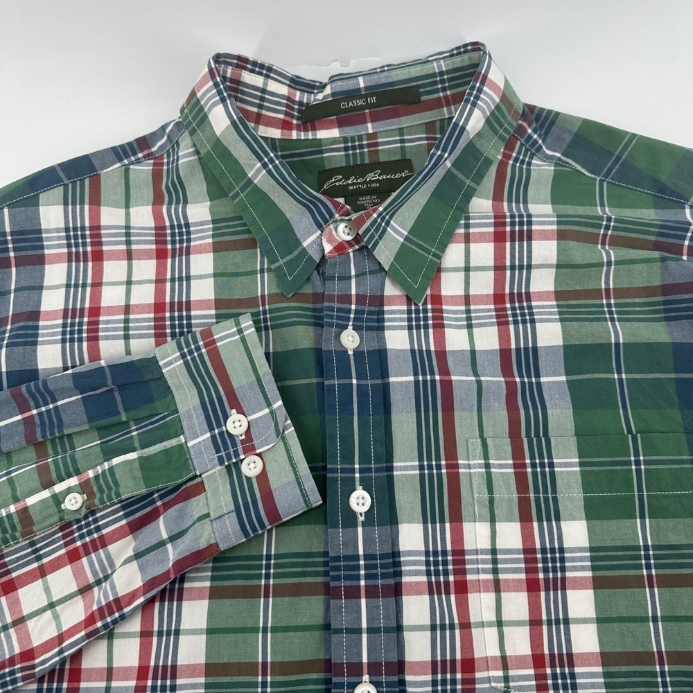 Eddie Bauer Button Down Shirt Mens XL Tall Green Plaid Long Sleeve‎ Classic Fit